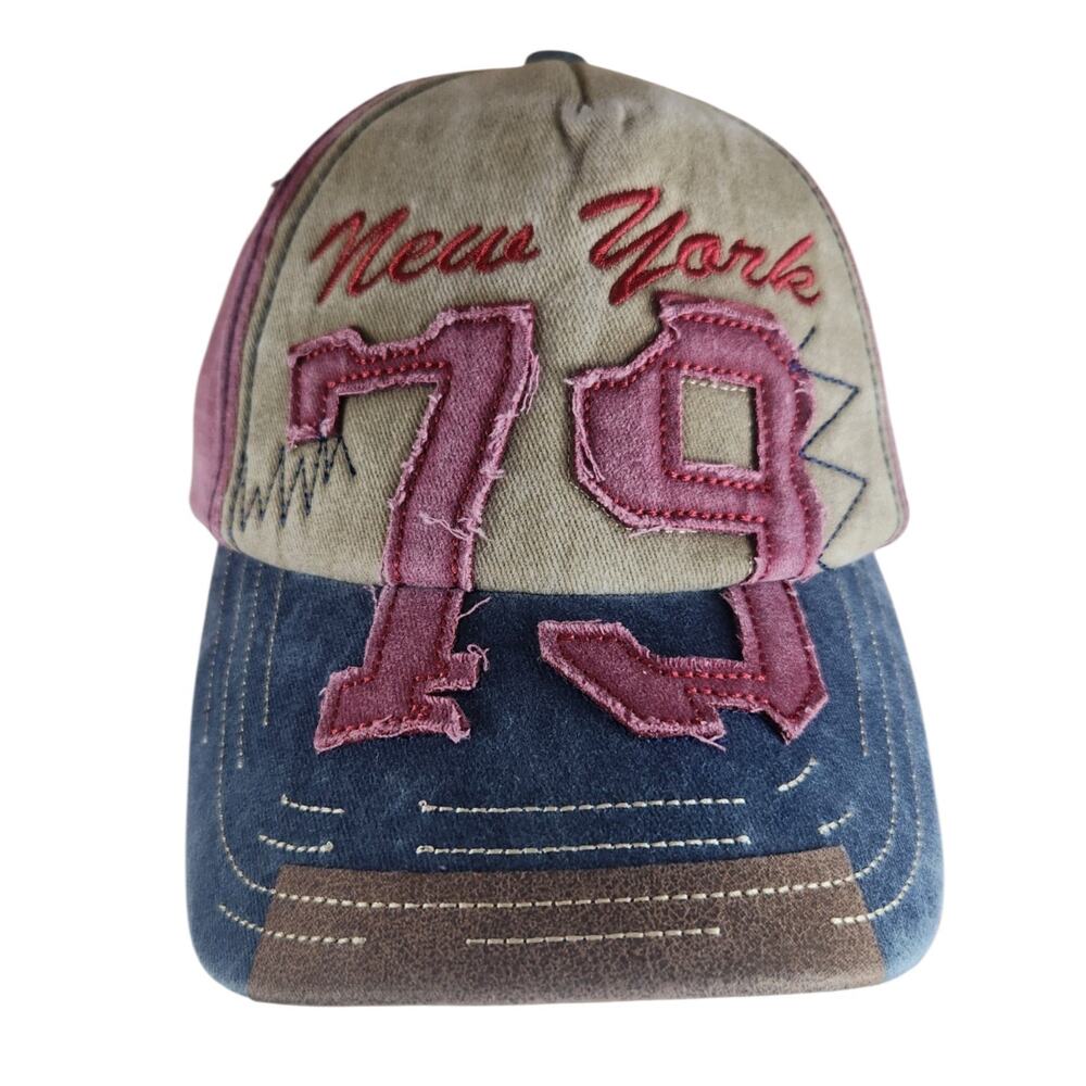 NEW Distressed Patch New York Sporty Hat Baseball Cap Pink Blue Boho Strapback